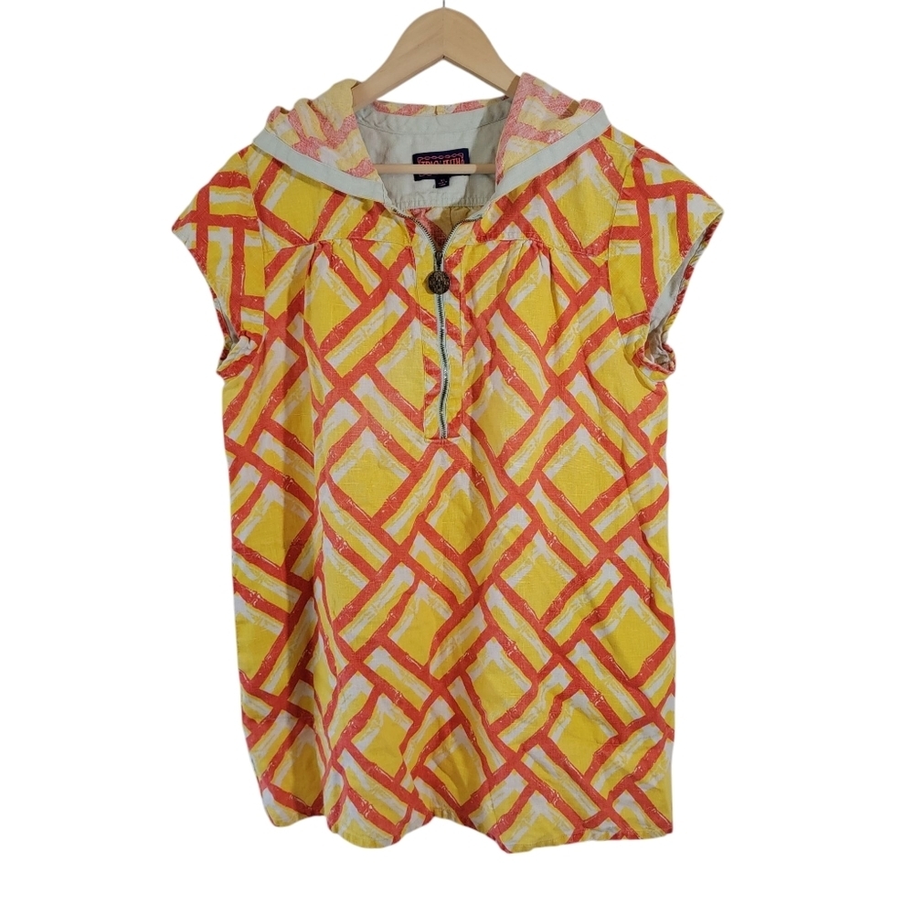 TRACY FEITH Yellow Red Geomtric Hooded Mini Dress XL 100% Linen Pocket Resort